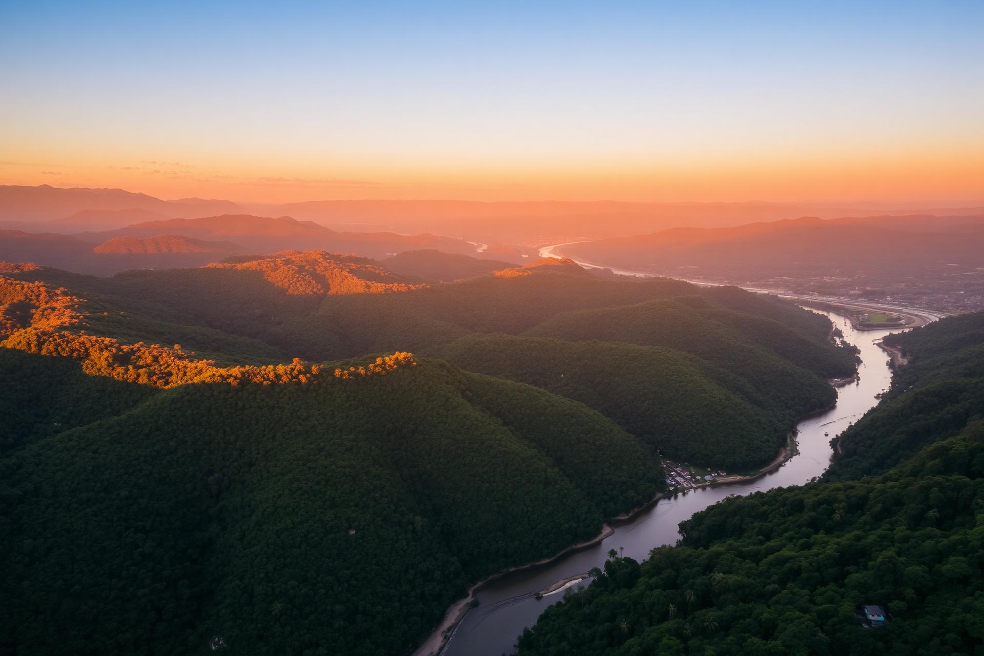 Vista aérea de um vale em Minas Gerais ao entardecer